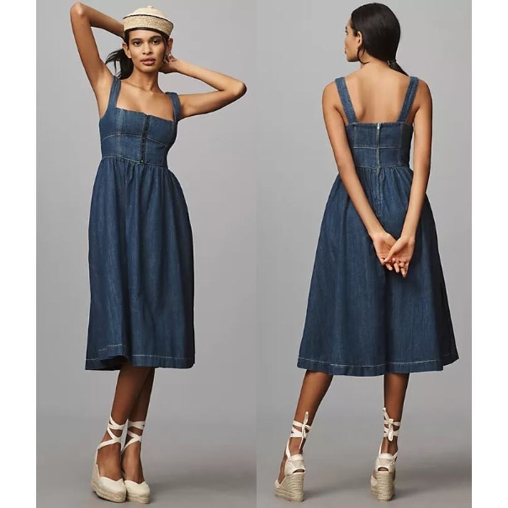 New Reformation Tagliatelle Denim Midi Dress Fit & Flare Ellis Women's Size 6
